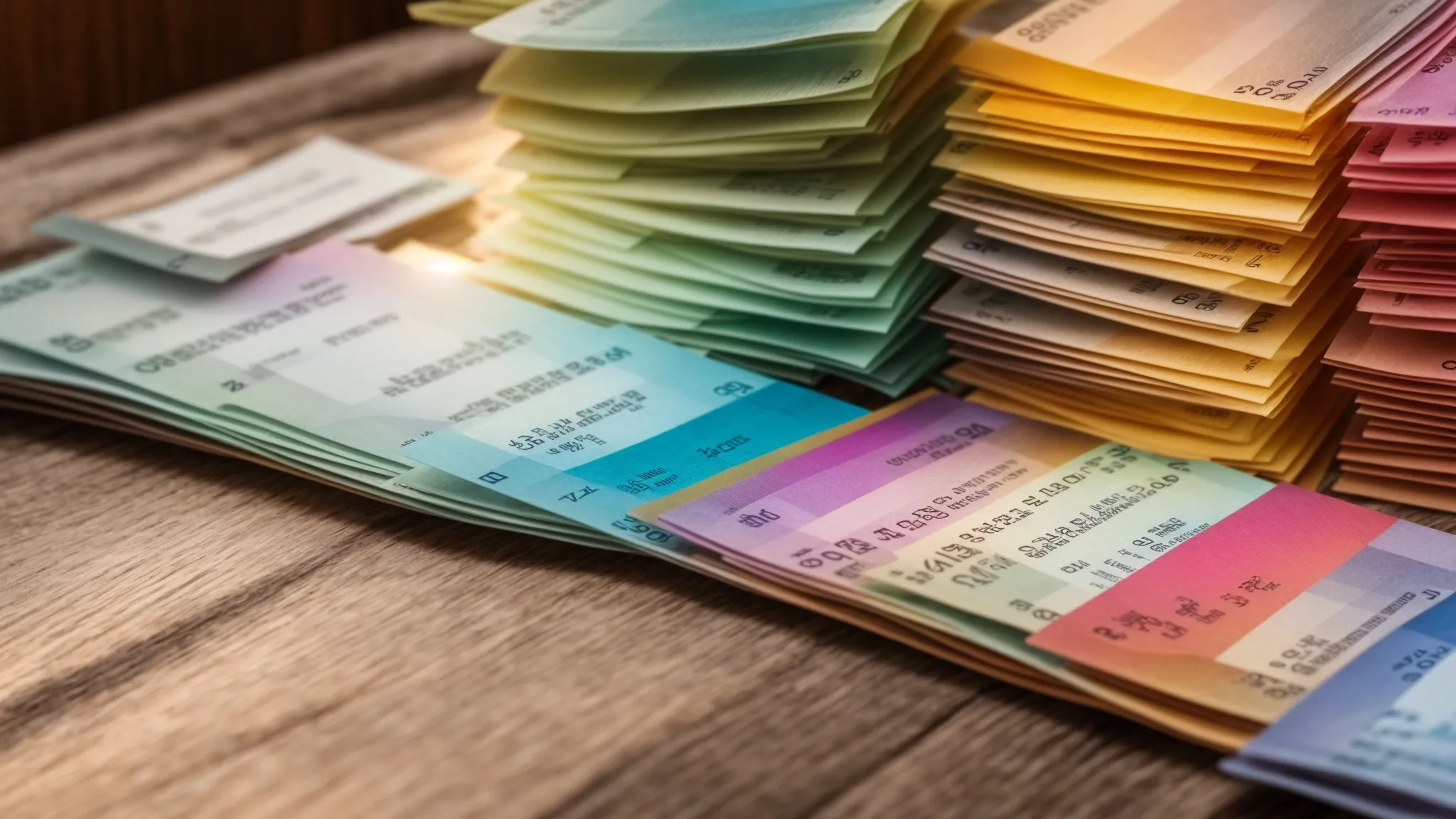 a stack of colorful and intricately designed cheques rests atop a polished wooden desk, reflecting soft, natural light that highlights their texture and vibrant hues.