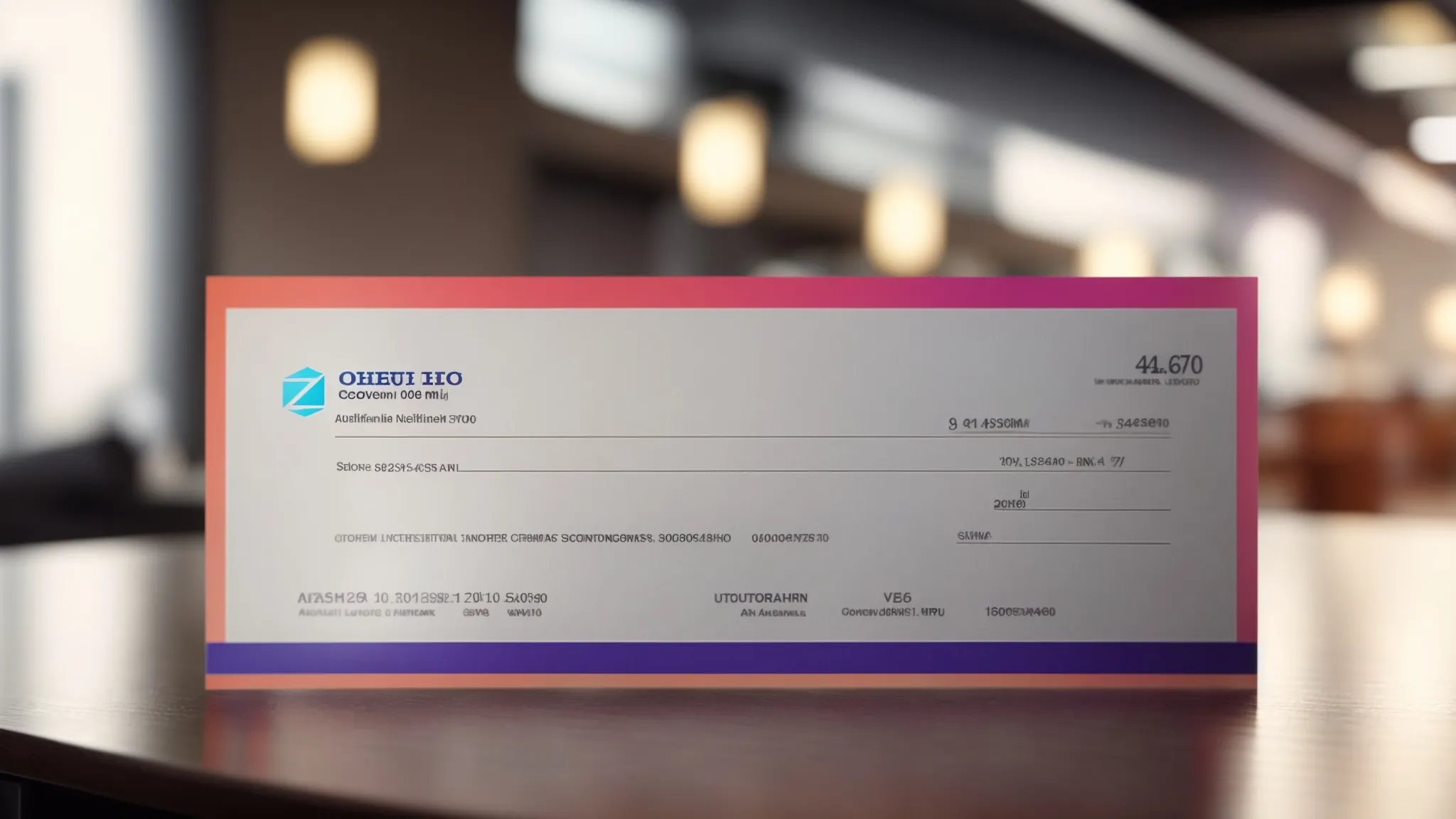 a striking close-up of a customized business cheque displaying vibrant design elements and a signature line, beautifully illuminated against a sleek office backdrop, symbolizing professionalism and brand identity.
