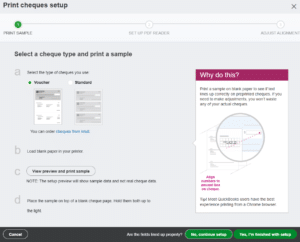 QBO Print Cheques Setup screenshot - Step 1