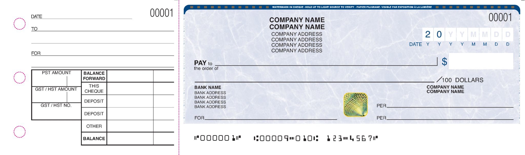 Chèque laser personnalisé avec en-tête d'entreprise, espaces pour montant et date, conçu pour l'impression conforme aux normes CPA, adapté aux logiciels de comptabilité.