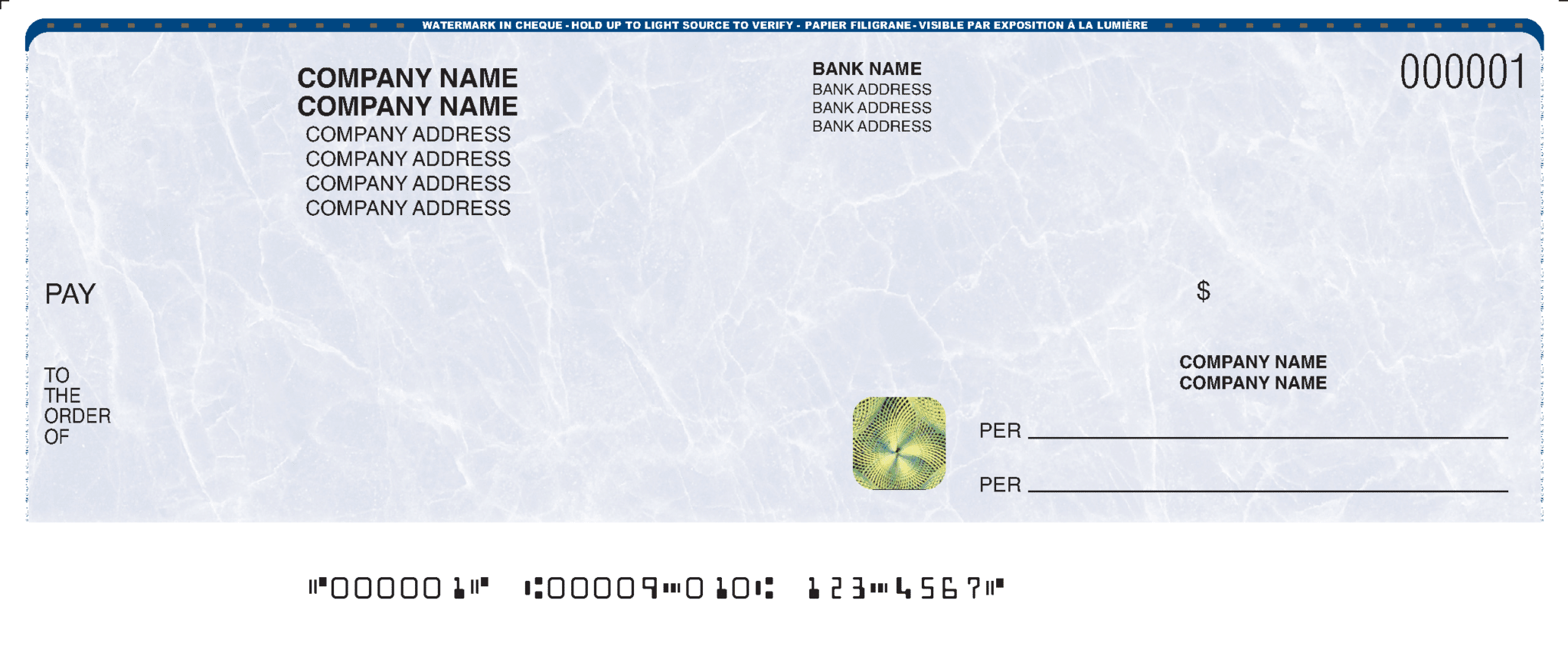 Chèque professionnel avec fond bleu, incluant des sections pour le nom de l'entreprise, l'adresse, le montant et des éléments de sécurité comme un filigrane et une encre thermosensible, représentant les chèques manuels offerts par Print and Cheques Now Inc.