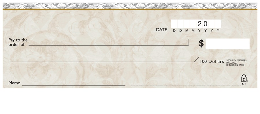 Chèque personnel brun avec design classique, indiquant un montant de 100 dollars, espace pour la date, le bénéficiaire, et le mémo, mettant en avant des caractéristiques de sécurité.